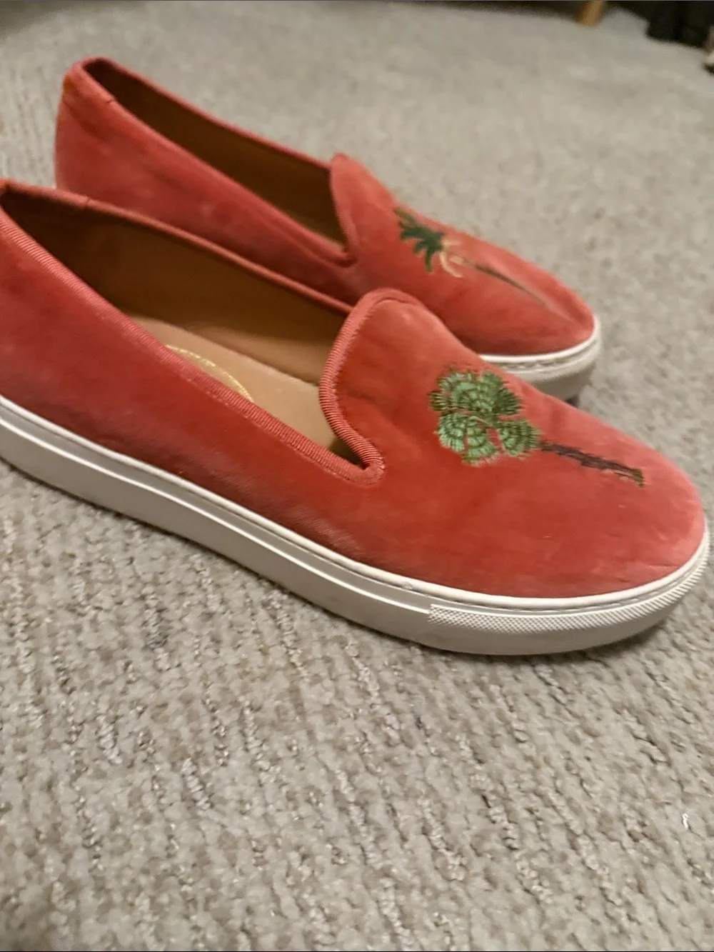 Stubbs & Wooten Coral Velvet Slip-On Sneakers with Palm Embroidery, Sz 8